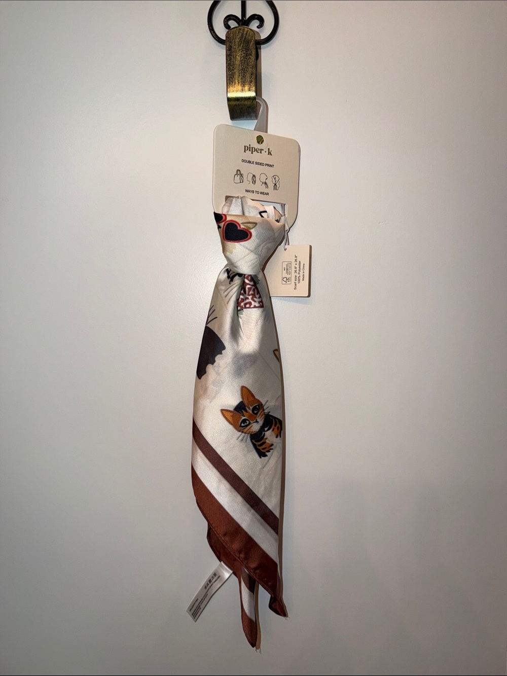 NWT- Adorable Fall Brown & White Silk-Look Cat Print Scarf